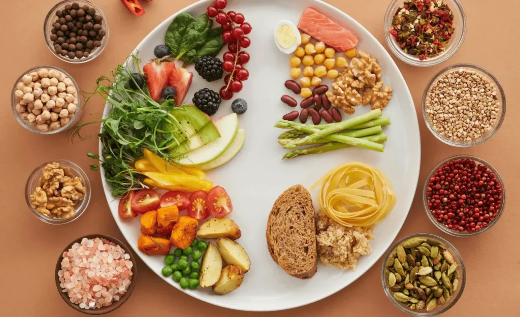Balanced plate with fruits, vegetables, nuts, and whole grains to support bone health and osteoporosis treatment.